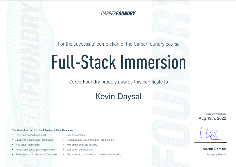 an image of my Career Foundry certificate for Full Stack Immersion course