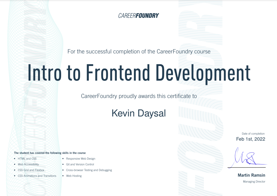 an image of my Career Foundry certificate for Intro to Front End Web Development course