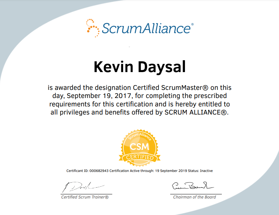 an image of my Scrum Alliance certificate for Certified Scrum Master