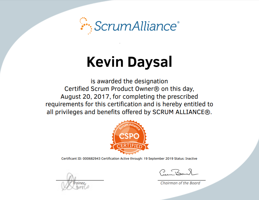 an image of my Scrum Alliance certificate for Certified Scrum Product Owner